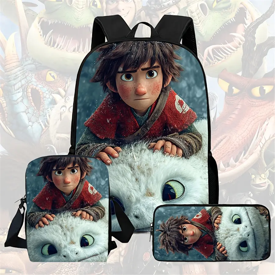 Waterproof 3-Piece Oxford Bag Set, How to Train Your Dragon Wintry Hiccup And White Dragon Print, Suitable for Daily School Use, Animation Fan Meetups And Casual Winter Outdoor Trips