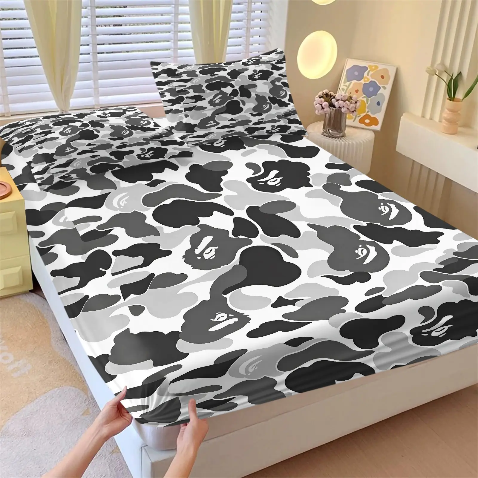 Black White Monkey Camouflage Fitted Sheet Set & 2 Pillowcases, Classic Camo with Embedded Ape Head Subtle Pattern Design, Soft Non-Slip Deep Pockets, Minimalist Bedroom Trendy Gaming Room Dorm Decor