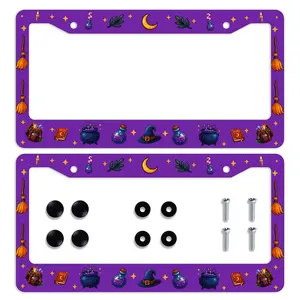 Halloween Witch License Plate Frames - Purple Witch Hat Cauldron Magic Potion Pattern Aluminum Car Tag Covers with Screws Caps, Cute Spooky Celestial Auto Exterior Accessories Decor Gifts for Women Fits US Standard 12x6" 2 Pack