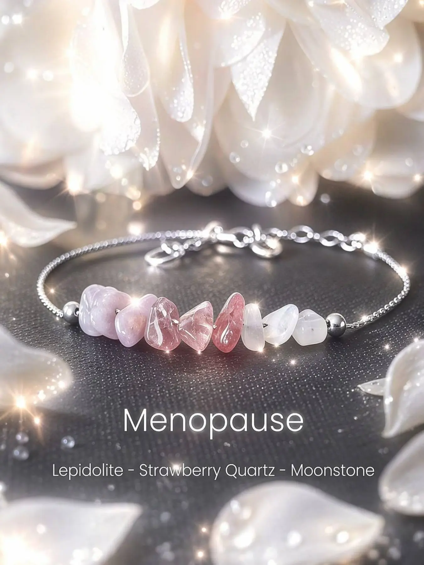 Raw Crystal Menopause Bracelet for Hormone Balancing, Strawberry Quartz and Moonstone Beads for Hot Flashes, Menopausal Relief and Mood Support