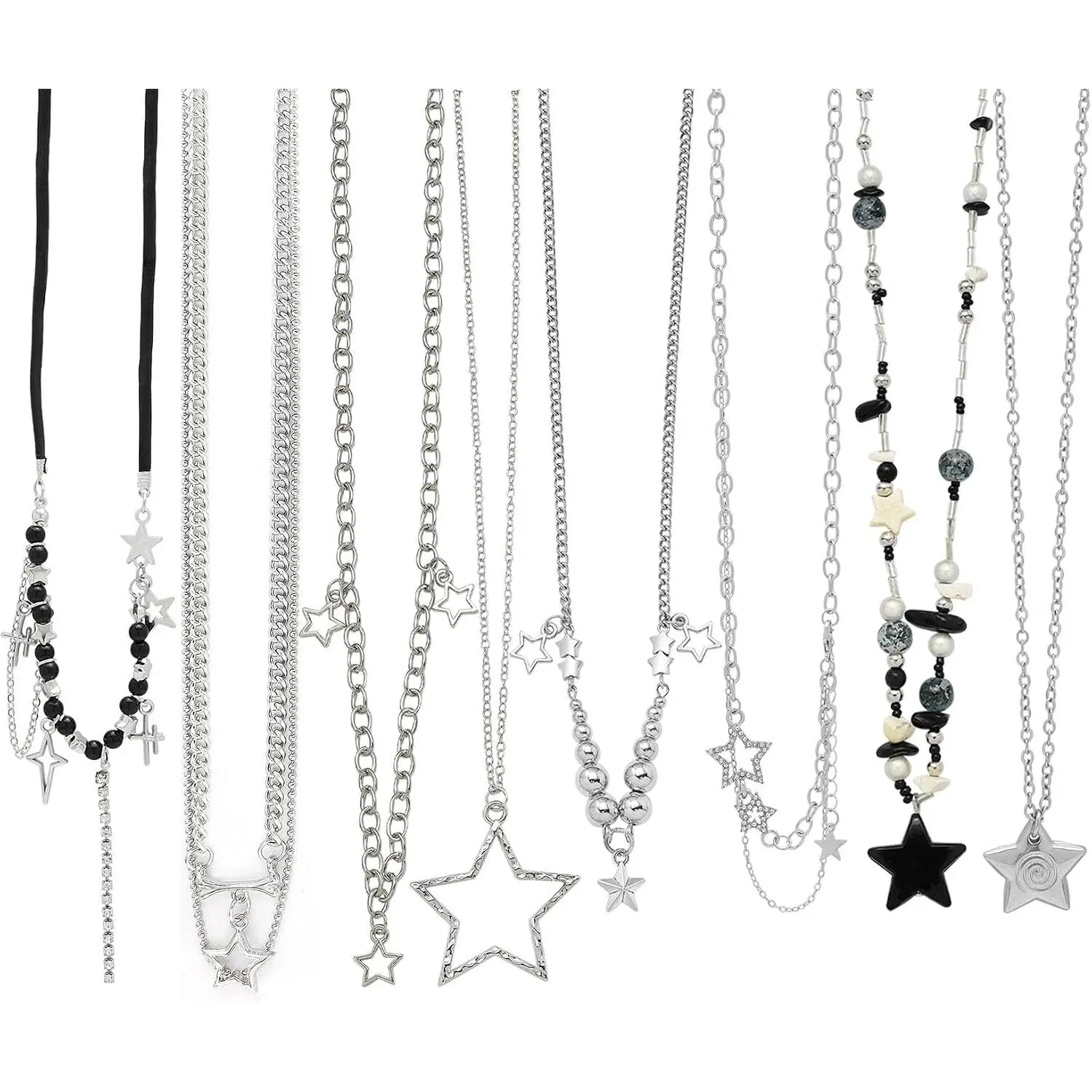 8 count Y2K Gothic  Grunge Necklace Set for Women Men Punk Grunge Emo  Pack Alt Gothic Y2K Accessories  Pendant Beaded  Chain Necklaces for Rock Roll Alt Outfit