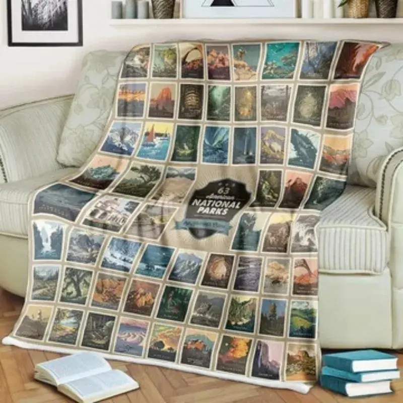 63 National Parks Grid Collage Illustrated Map Travel Poster Throw Blanket Nature Outdoors Wanderlust Gift Soft Warm Fleece Blanket Bed Decor Inches