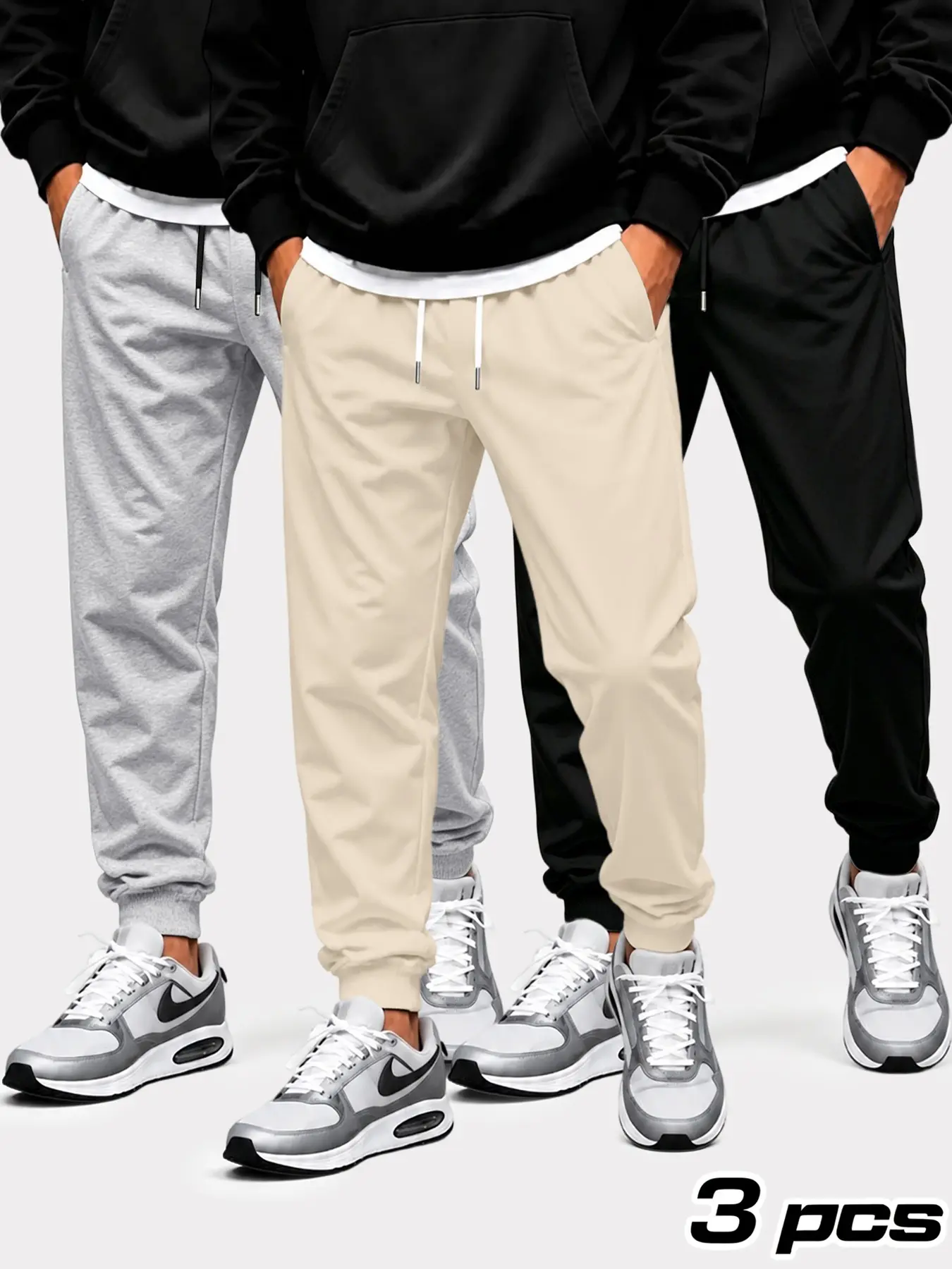 3-Pack Men's Solid Color Jogger Pants, Athleisure Fitness Pants, Casual Fitted Compression Wear, Spring & Fall, Ideal for Daily Wear and Sports