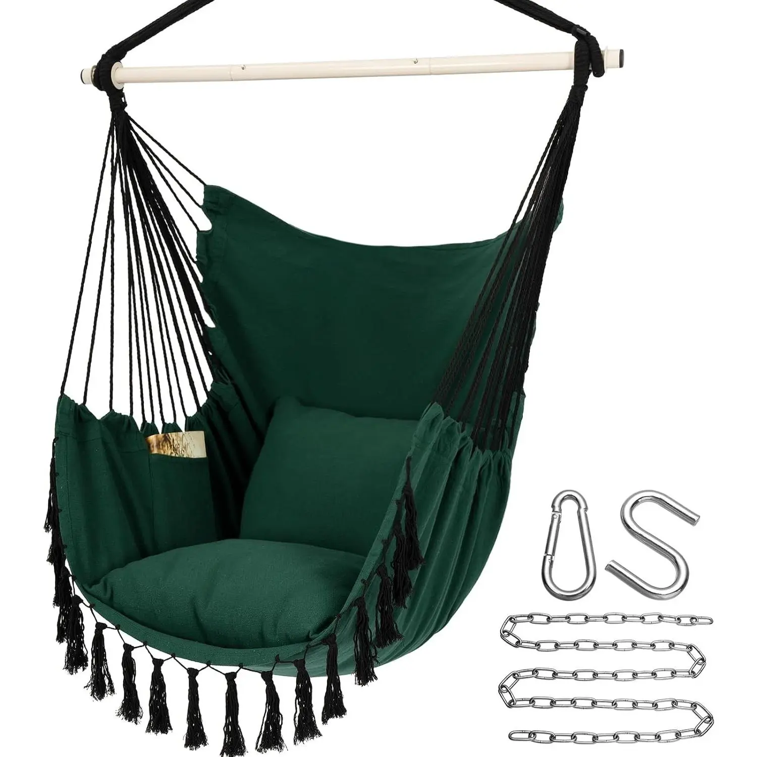 Hammock Chair Hanging Rope Swing, Max 500 Lbs, 2 Cushions Included, Large Macrame Hanging Chair with Pocket for Superior Comfort, with Hardware Kit, Green