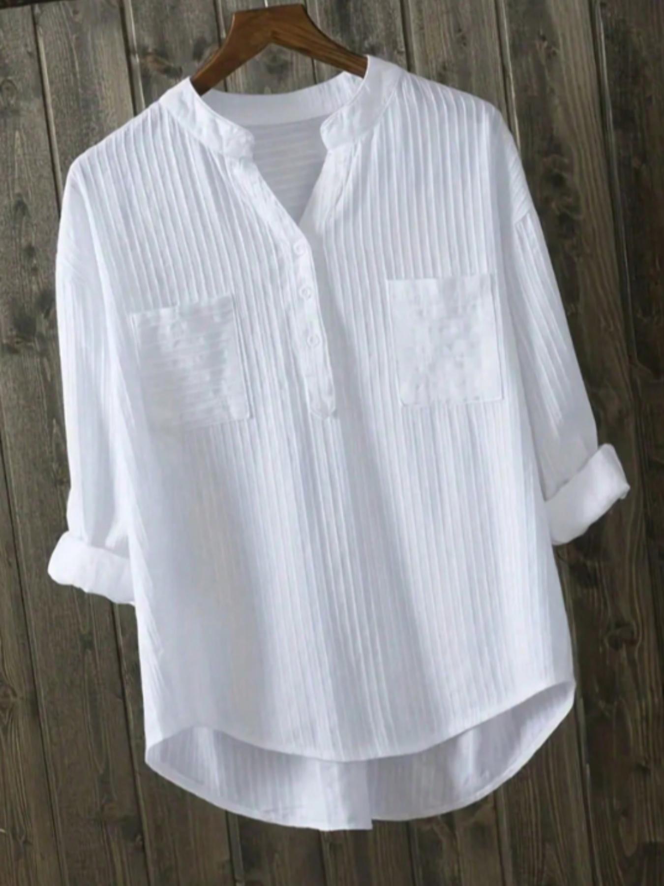 Women's Plain Button Front High Low Hem Shirt Blouse, Casual Long Sleeve Notched Neck Top for Daily Wear, Ladies Clothes for All Seasons