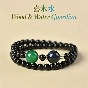 Dual-Layer Taoist Stackable Obsidian Bracelet, Replenish All Five Elements Wood Fire Earth Metal Water, Unisex Feng Shui Jewelry Gift for Men & Women
