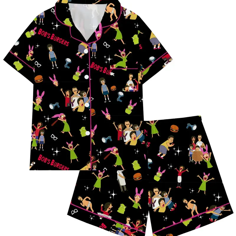 Bobs Burgers Family Cartoon Cute Burger Collar Short Sleeve Sleepwear Pajama Set, Comfortable Loungewear, Party Style, All Seasons, Pyjamas, Pajamas Sets, Pjs