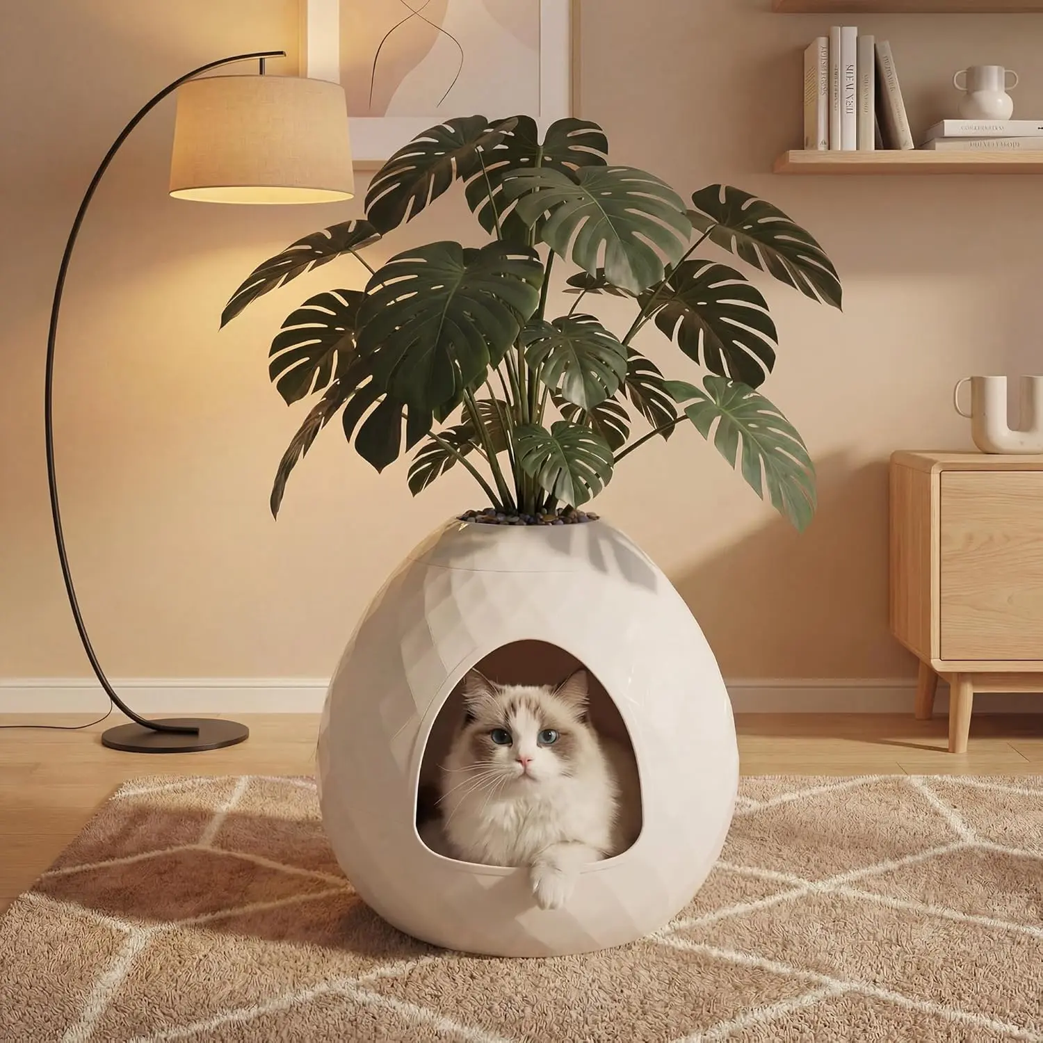 Hidden Cat Litter Box, Secret Small Plant Litter Box Furniture with Two Interchangeable Top, for Living Room Corner Easy Assembly
