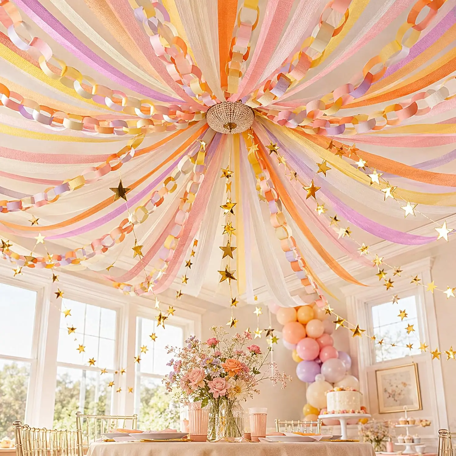 Groovy Party Decorations Kit with 600 Paper Chain Strips, 65 Ft Mirror  Garland, 492 Ft Crepe Streamers, DIY Paper Chain Garland Set for Retro Birthday  Shower Wedding Holiday Decor