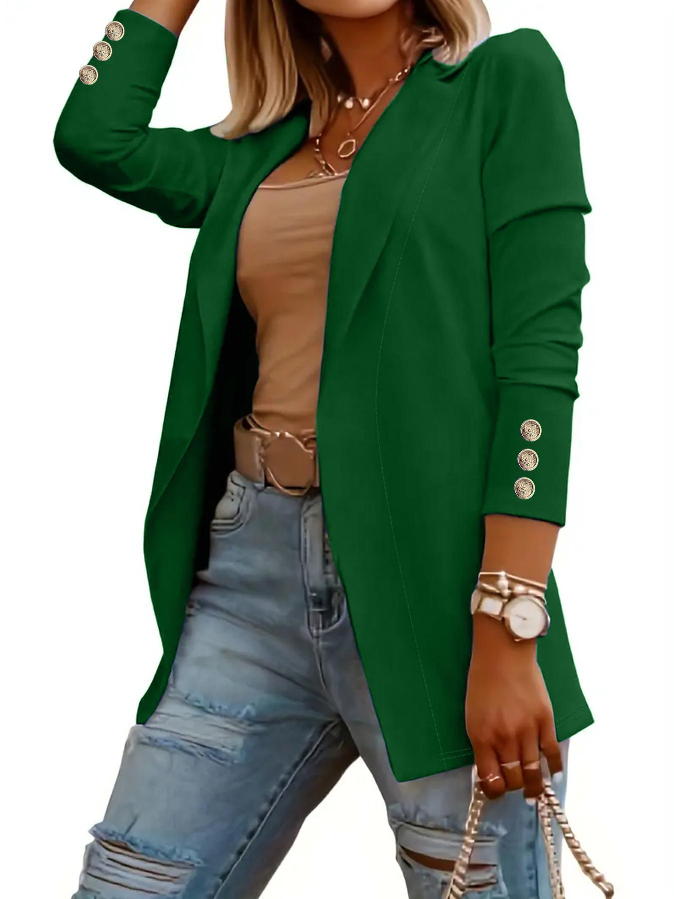 Women's Solid Button Lapel Neck Open Front Fitted Instant Classic Blazer, Casual Long Sleeve Outerwear for Spring & Fall, Ladies Clothes for Work Office Business Womenswear