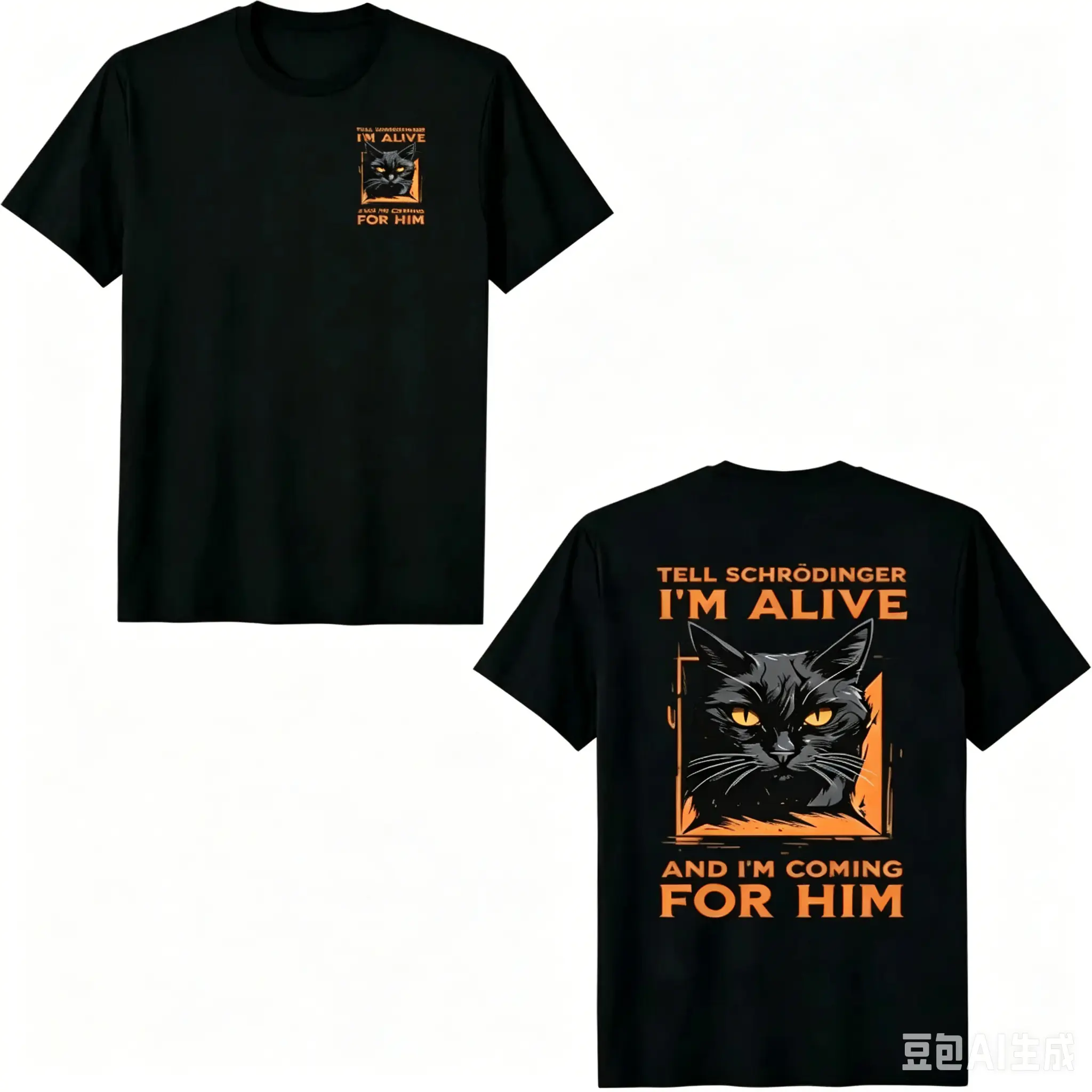Quantum Mechanics Meme Print Casual Crew Neck Men's T-Shirt, Cat Pattern Men's Top, Gift for Quantum Enthusiasts, Fun T-Shirt for Friends, Halloween Party Novelty Shirt, Orange-Eyed Black Cat Print Men's Clothing, Fun Gift, Casual W
