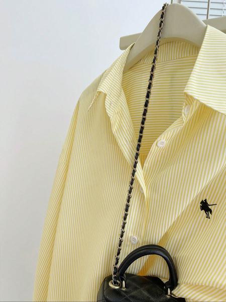 Women's Striped Embroidered Casual Shirt, Stylish Long Sleeve Button Front Top, Perfect for Daily Wear & Office, Clothes