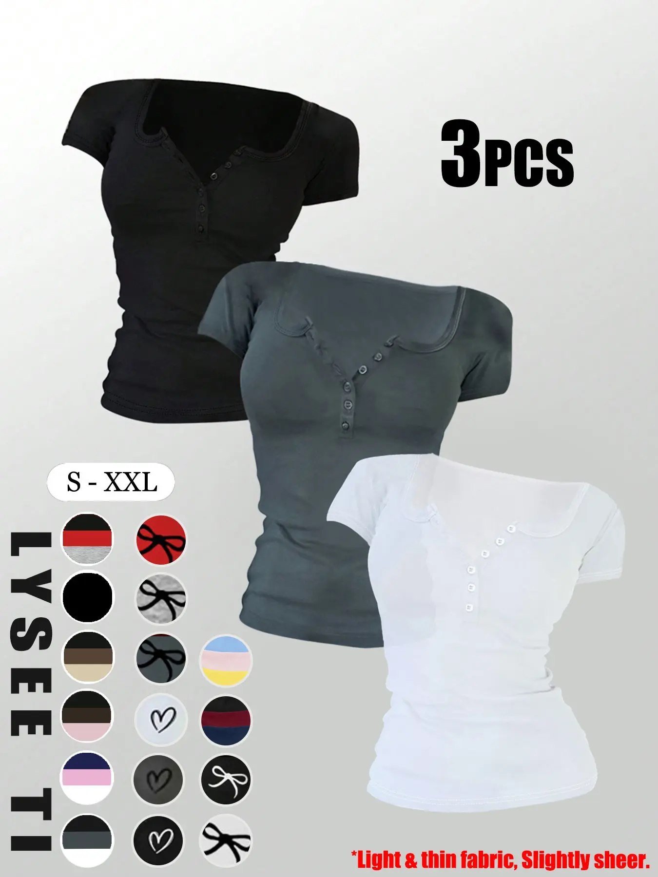 3/5pcs Women's Casual Minimalist Fashion Sporty Basic Fitted Multi-Button Round-Neck Solid Color Short Sleeve Tops Mix & Match Multi-Pack