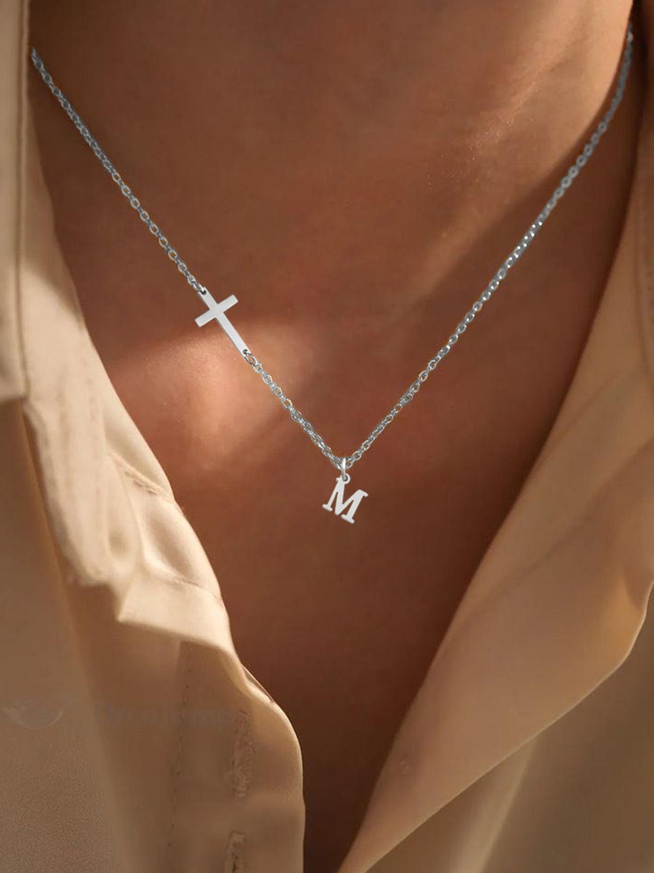 Fashion Initial Necklace for Women, Cross & Letter Pendant Necklace, Stainless Steel Jewelry for Party, Daily Decor, Trendy All-match & Exquisite Jewelry for Birthday Gift, Statement Necklace, Non Tarnish Jewelry