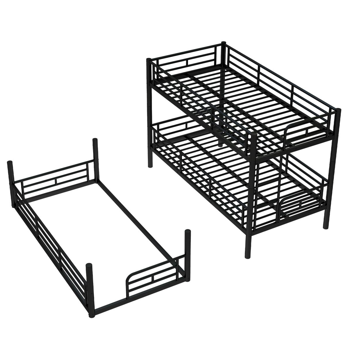 Twin/Queen Triple Bunk Bed, Metal Triple Bunk Bed with Safety Guardrails, Heavy-Duty Bunk Bed with Noise-Reduced Design – Black/White