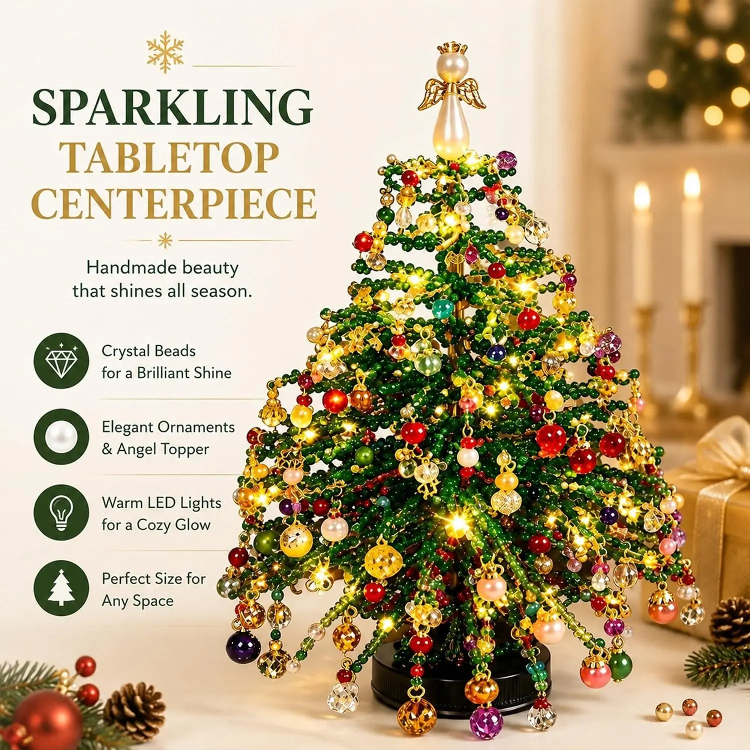 Mini Beaded Desktop Christmas Tree Craft Kit with Colorful Pearls, DIY Small Christmas Tree Decor, Home Office Holiday Centerpiece