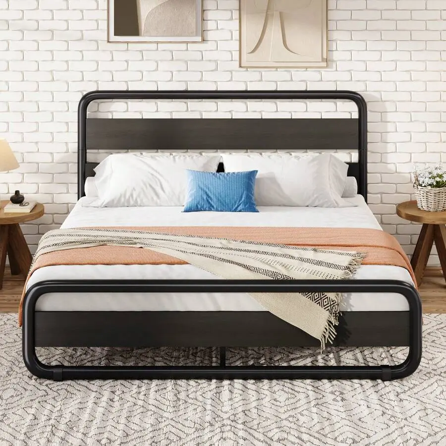 Full/Queen/Size Metal Bed Frame With Curved Wood Headboard And Footboard, Heavy Duty Platform Bed With Under-Bed Storage, Noise Free, No Box Needed, Easy Assembly, Walnut/Black * Bed Frame Queen Queen Bed Frame Bed Frame Full Full Size Bed Frame Size Bed