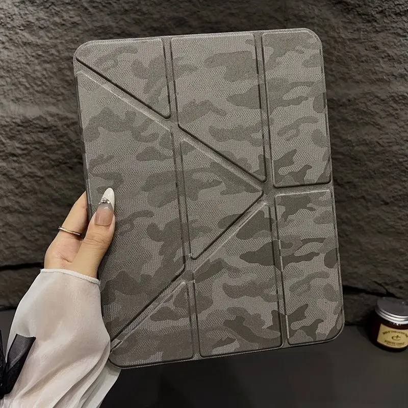 Camouflage Y-fold iPad tablet protective case with pen slot for iPad Air 11inch mini7 Apple iPad Pro new model a16 silicone 11 air8 children's 5 rotatable 10th generation 9 anti-bend 13 premium