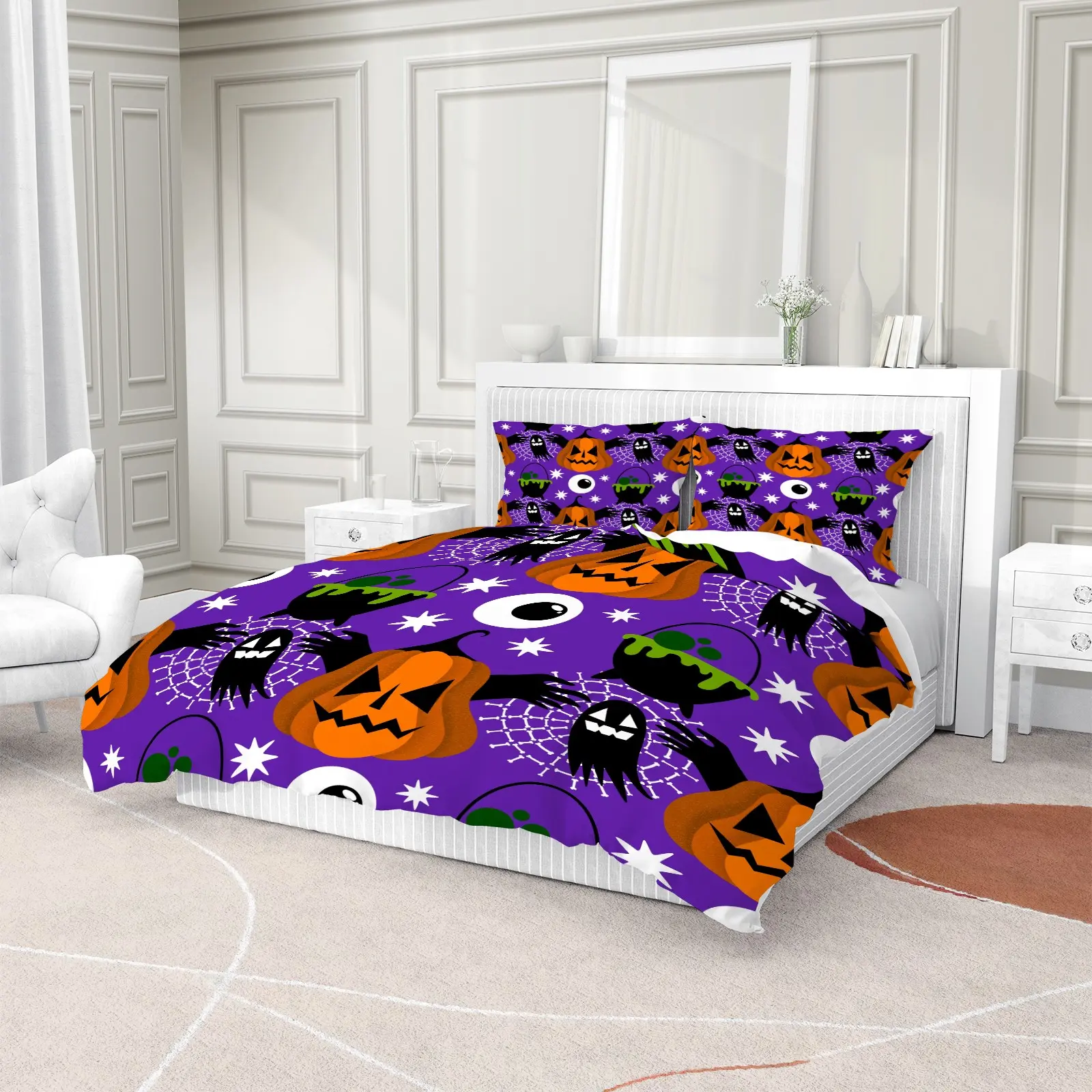 Purple Halloween Pumpkin Witch Cauldron 2/3Pcs Duvet Cover Set, 1 Duvet Cover + 1/2 Pillowcases, Cartoon Spooky Ghost Spider Web Bedding With Zipper & Corner Ties, Soft Polyester Bedroom Decor, No Comforter & Pillow Inserts