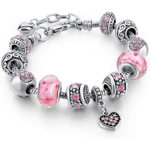 Capital Charms Pink Hearts Silver Plated Charm Bracelet Set, Jewelry Gifts with Beads, Charms, and Adjustable Snake Chain, Fits 7.5"+1.5"