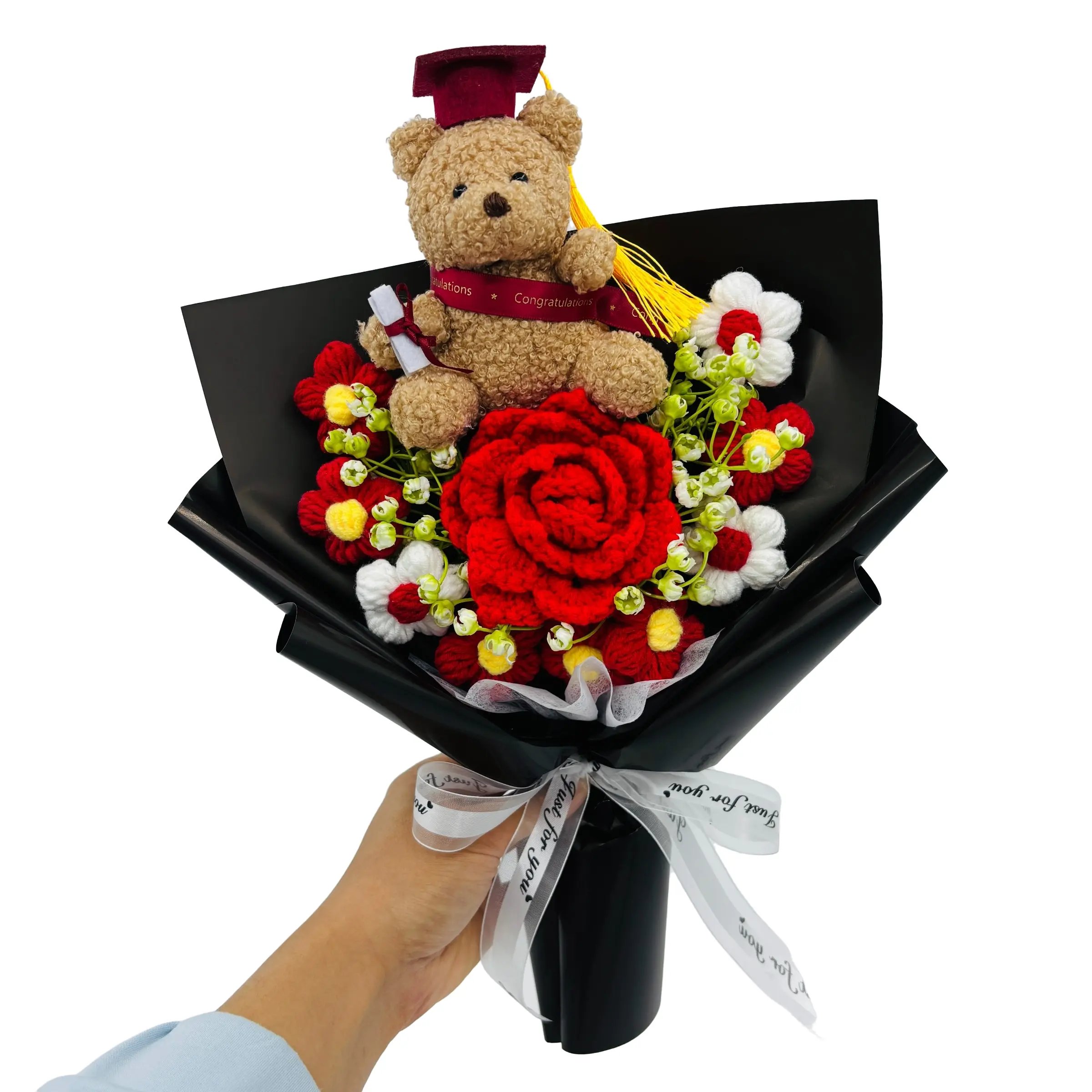 Handmade Knitted Blooming Rose Bear Doll Bouquet, Mother's Day Gift, Graduation Party Decoration, Artificial Flower Arrangement, Memorial Gift with Packaging