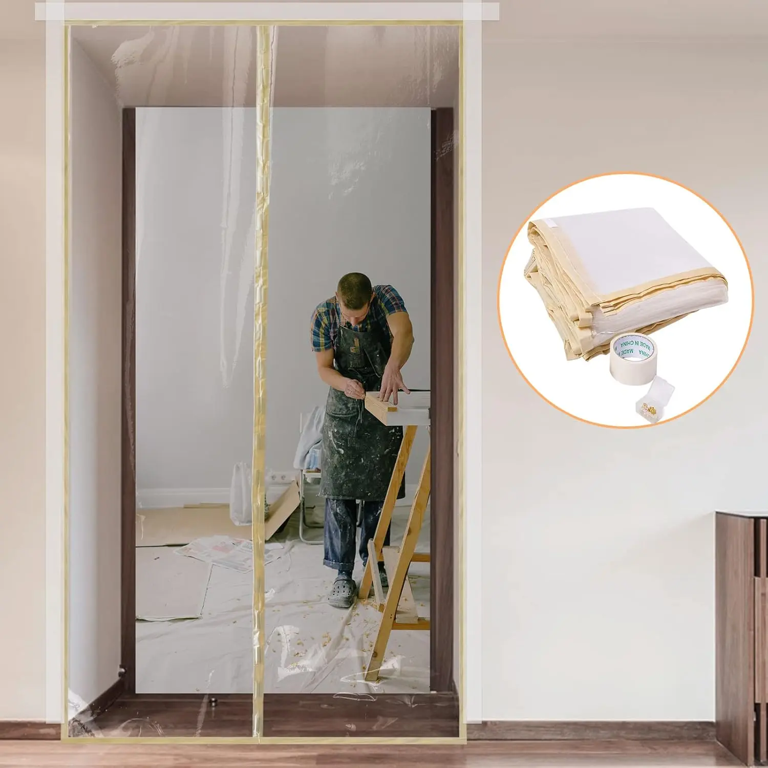 Plastic Zipper Door Dust Protection Kit, Construction Door Cover with Zipper for Kitchen, Bathroom, Hallway Remodel, Fit Standard Doorway 4'W x 7.5'H