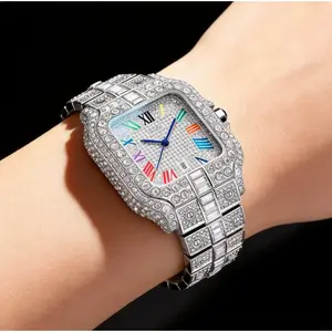 Luxury Square Diamond Watch for Men/Women – Fully Iced Out Rhinestone Bracelet Watch, Colorful Roman Numeral Dial, Blue Hands, Stainless Steel Band, Fashion Dress Wrist Watch