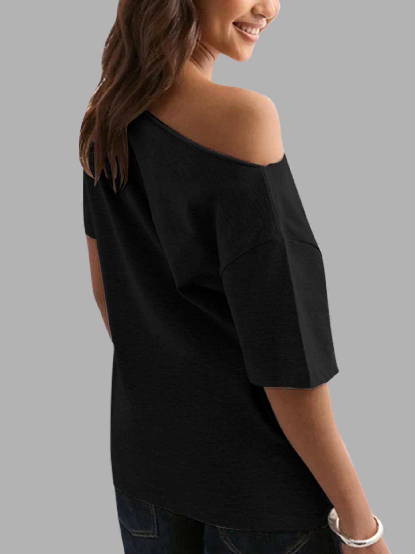 Women's Solid Asymmetrical Neck Tee, Casual Loose  T-shirt for Daily Wear, Ladies Clothes for All Seasons, Top