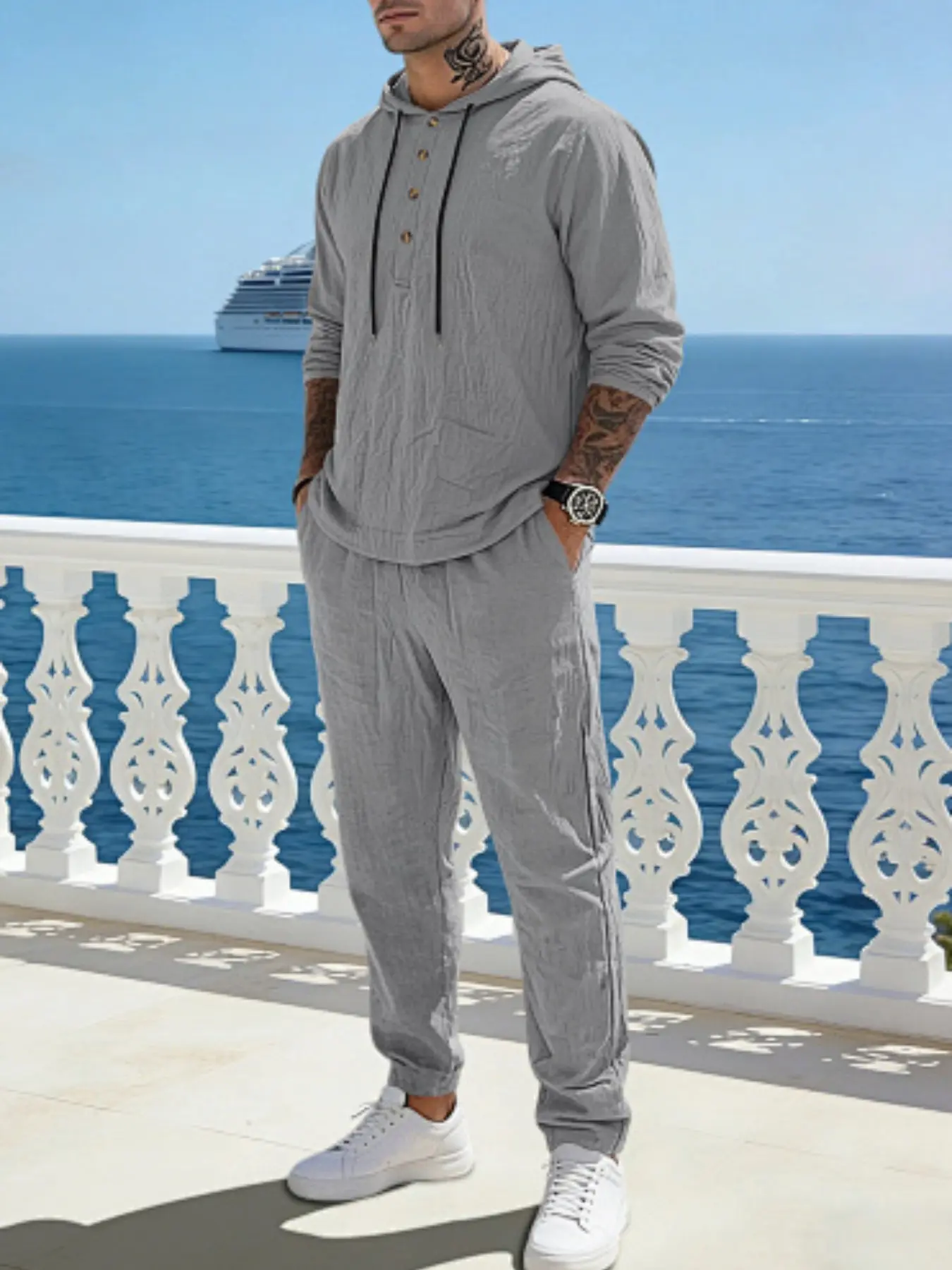 Men's Spring & Fall Breathable Linen Hoodie Set, Loose Fit Comfortable Daily Wear, Solid Pattern, Casual for Men, Outfit