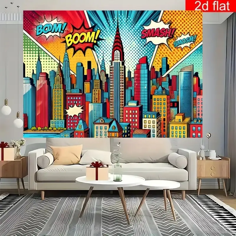 2D Flat Banner 1pc, American Pop Superhero Comic Background Cloth, Party Backdrop Decoration, New York Landmark Skyscrapers, Polyester Material, Party Decor