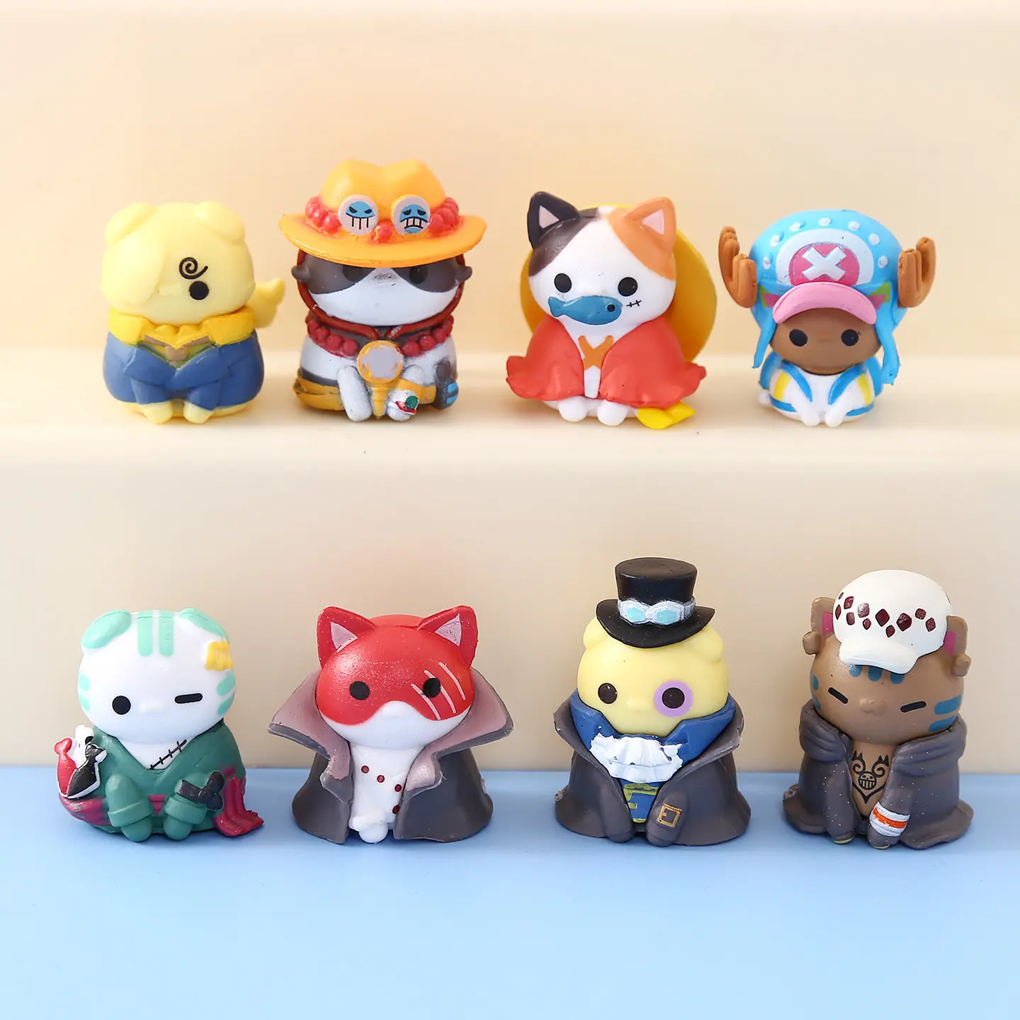 One Piece Mega Cat Project 8Pcs Mini Figures Set NyanPieceNyan Cute Cat Cos Luffy Zoro Ace Sabo Law Sanji Chopper Shanks Q Version Anime Figurines, Desktop Decor Cake Topper Collectible Toy Gift for Anime Fans