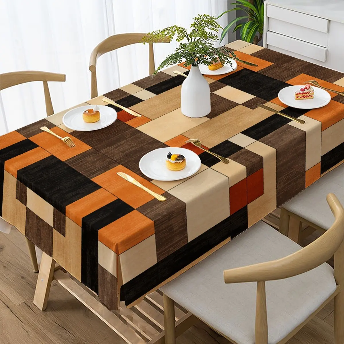 1 piece of modern abstract tablecloth - Bold black/brown/beige/orange geometric pattern - Polyester fabric - Suitable for dining table, kitchen, party
