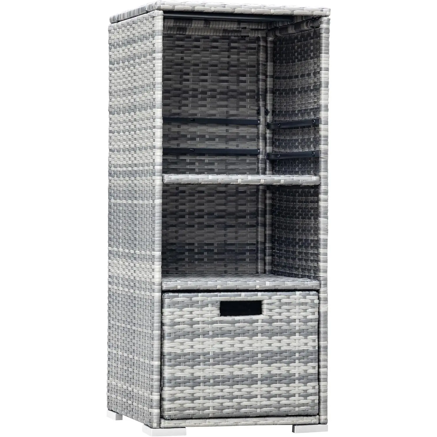 Rattan Wicker Outdoor Pool Towel Rack - Waterproof Patio Storage Cabinet Shed with Shelves and Drawer, Grey
