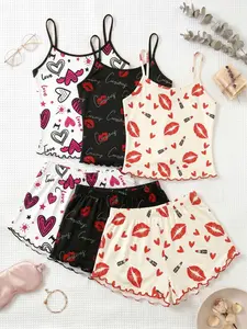 Women's 3-Piece Sleepwear Set, Tank Tops & Shorts, Sexy Slim-Fit, Heart Lipstick Print, All-Season Home Wear, Comfortable Lounge