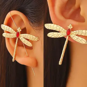 Gold Dragonfly Ear Pin Wrap Crawler Earrings for Women Red Crystal Bug Statement Studs Vintage Fairycore Whimsical Jewelry