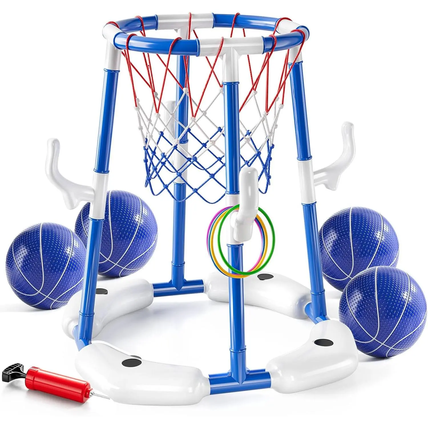 Basketball Hoop Toys - 2-in-1 Floating Basketball Pool Games Set with 4 Balls, 12 Rings, and Pump, Swimming Pool Games for Kids Ages 4-8, 8-12, and Adults, Outdoor Water Play Toy for Summer Family Party (Blue)