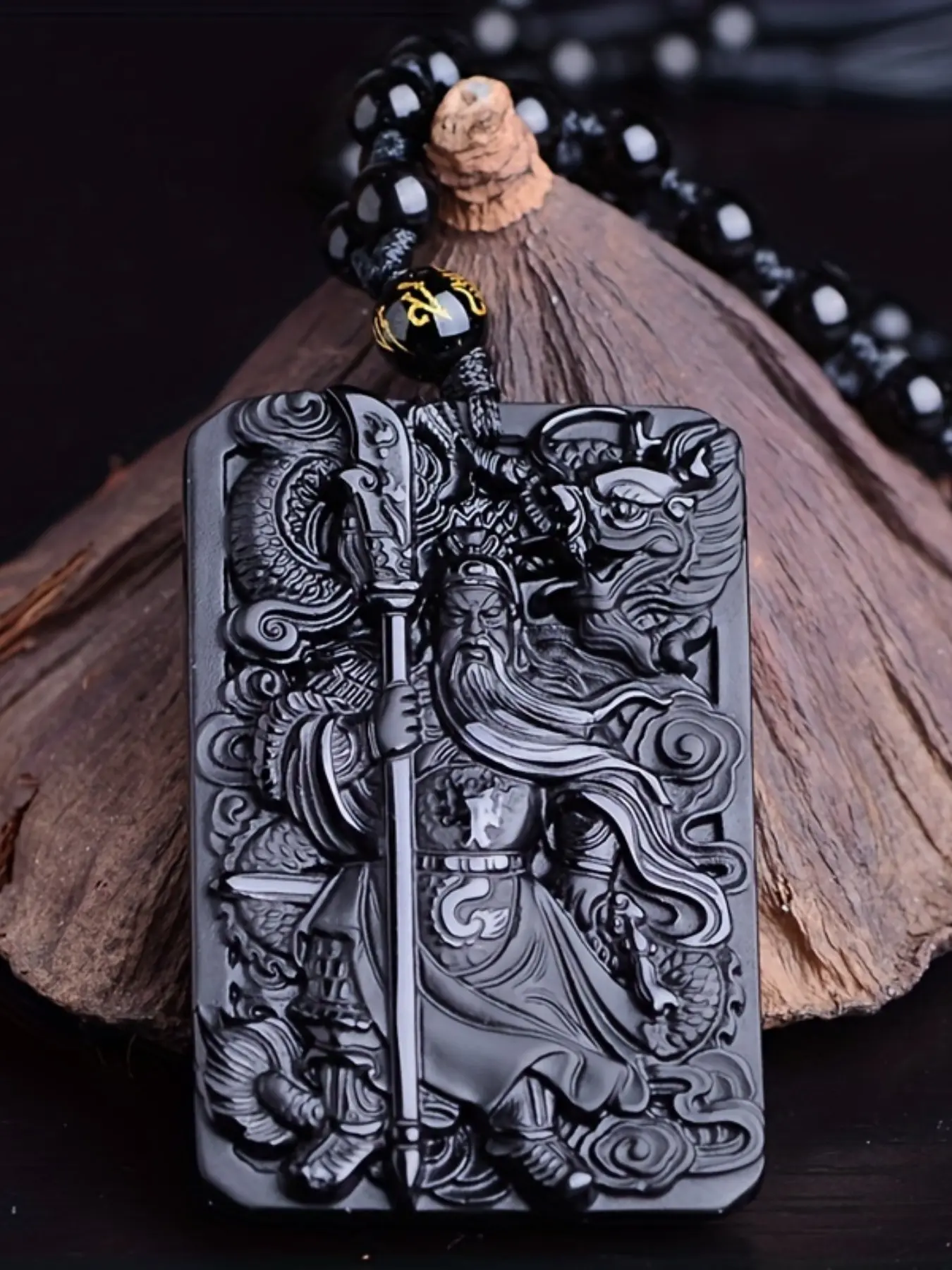 Natural Obsidian Guan Gong Pendant Necklace, Unisex Sweater Chain Jewelry, Stylish Accessory for Men and Women, Unique Gift Idea