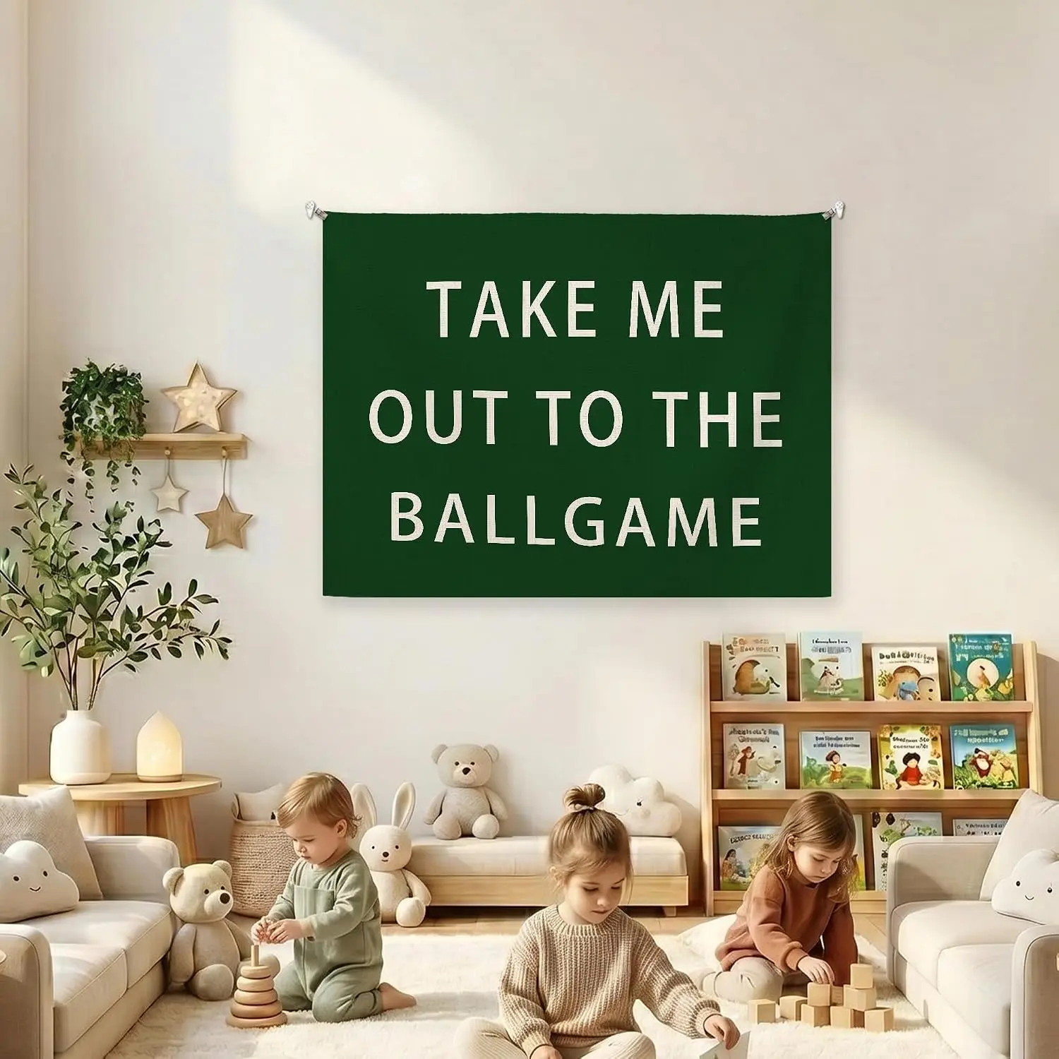 Baseball Sports Tapestry Wall Hanging, Polyester Green Minimalist Take Me Out to the Ballgame Tapestry Wall Art for Home Bedroom Living Room Gym Decor, 40x30 Inches