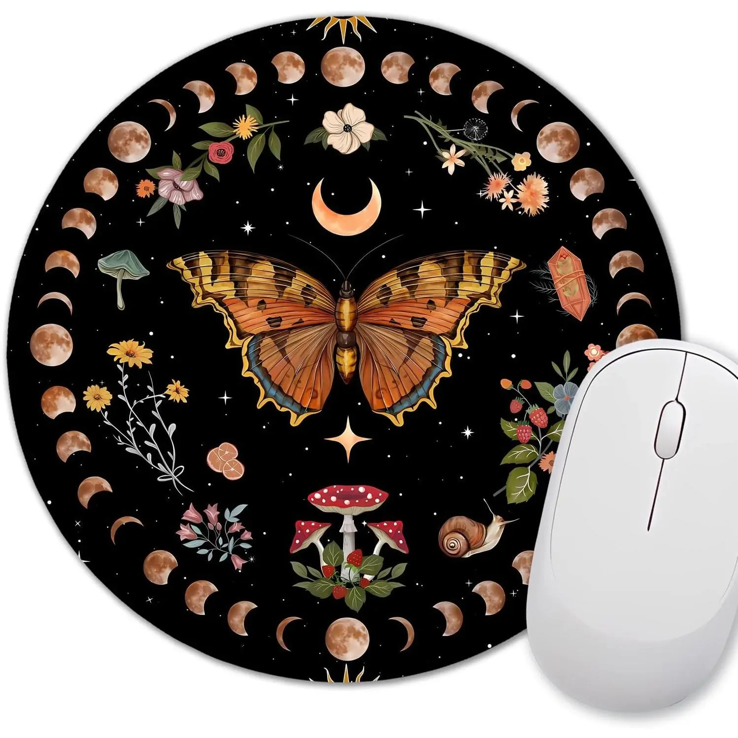 Small Round Modern Boho Mushroom Moon Phase Mouse Pad with Leaves, 7.9x7.9 in High Gloss Synthetic Cloth Washable Mat, Orange and Black for Office