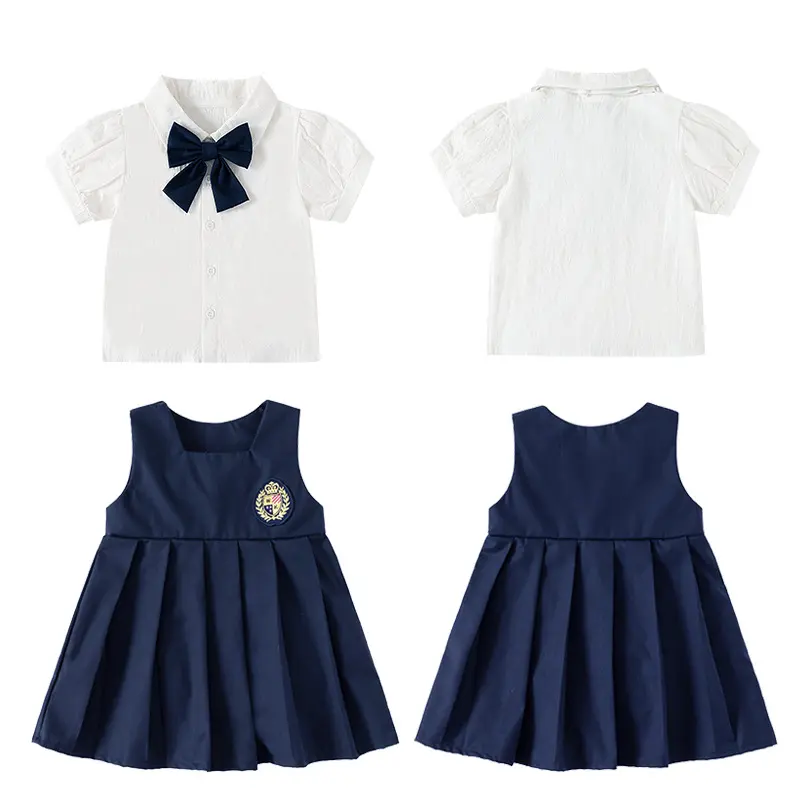 Women's 2-Piece Set - Preppy Navy Pleated Jumper Dress & White Puff Sleeve Blouse with Bow Tie, Lightweight Formal Uniform-Inspired Outfit, Dress Up Set, Fashion Style Sets
