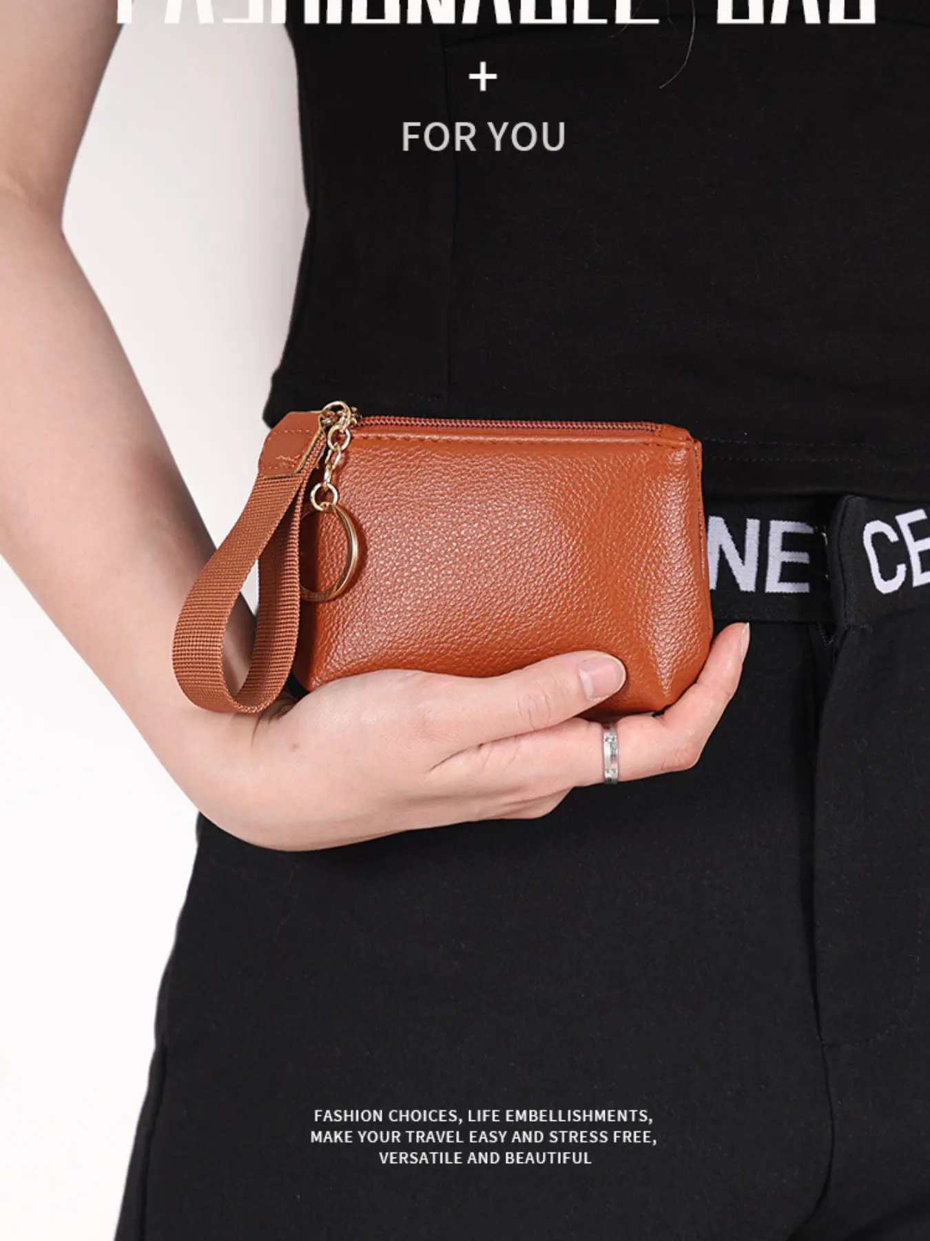 Women's Mini Zipper Coin Purse, Leather-Look Wrist Strap Small Bag with Key Ring, Portable Card Holder for Coins, Keys, Earphones, Lipstick