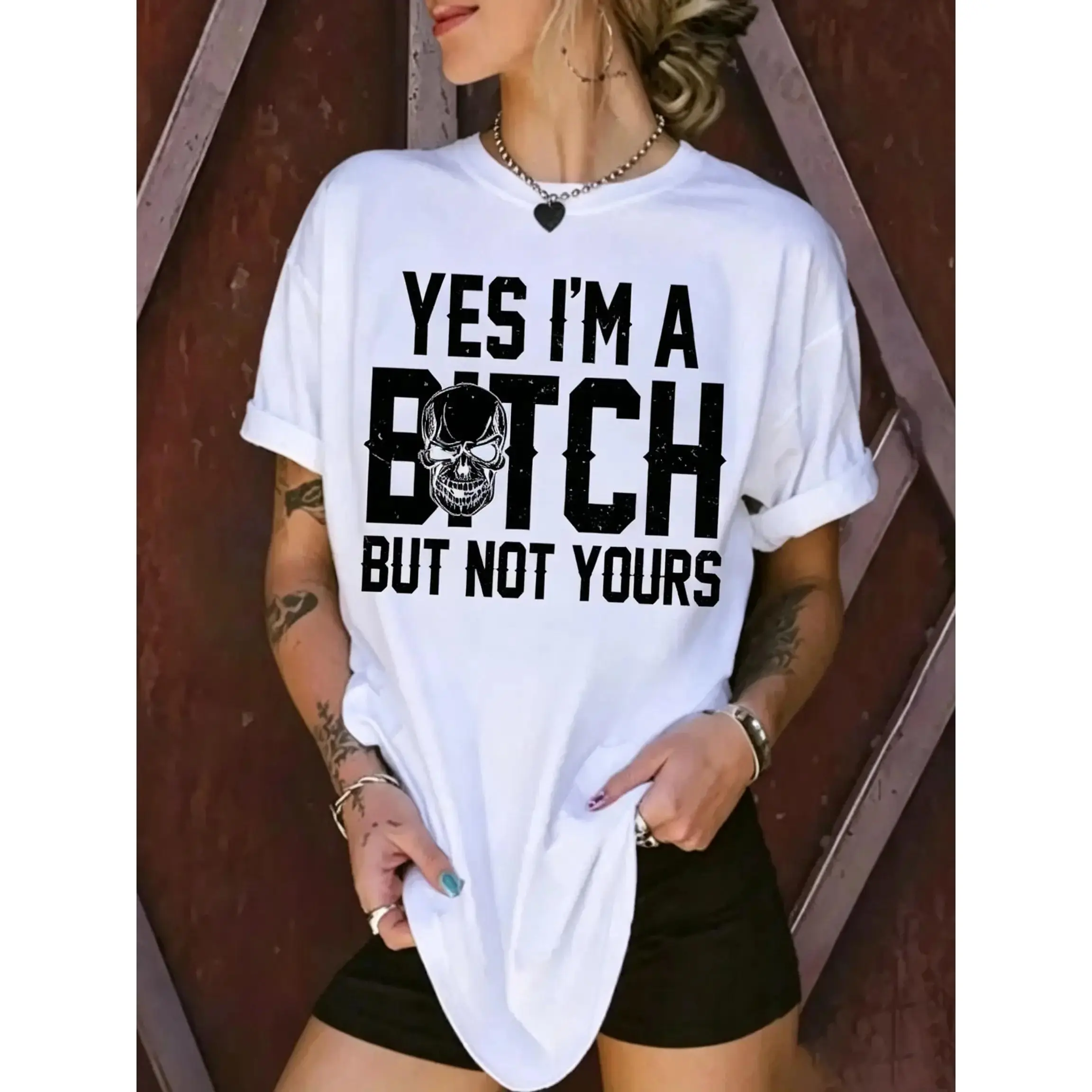 Funny Graphic Crew Neck T-Shirt, Floral Print, Machine Washable, T-Shirt Style, "Yes I’m a B*tch But Not Yours" Design, Sports & Outdoor Sports Top, Funny Graphic Tee, Short Sleeve, S, Xxl, Fitted Cut, Tops, Casual, Round Neck, Bold Quote