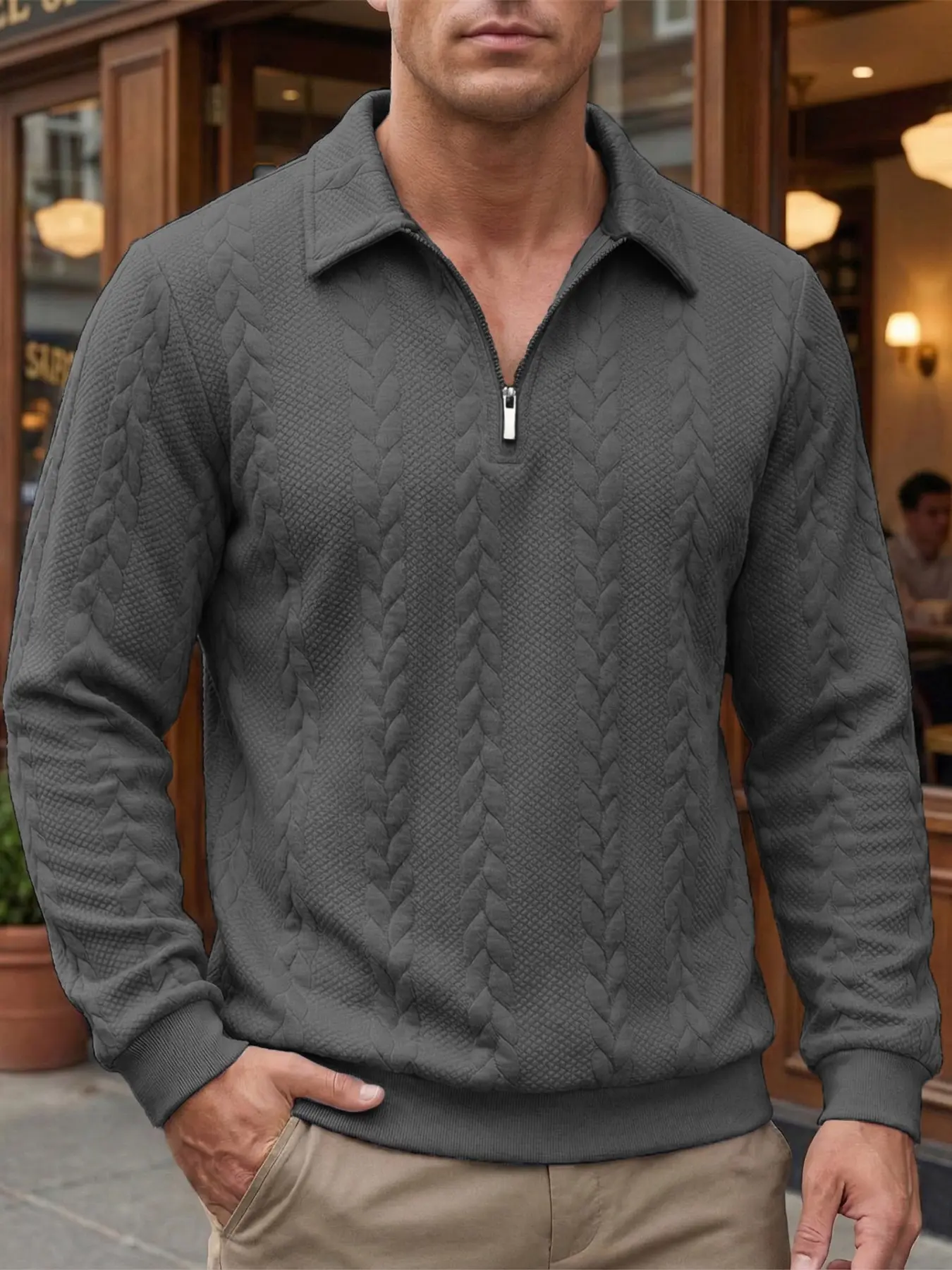 Men Textured Cable Knit Quarter Zip Polo Sweater, Soft Stretchy Long Sleeve Pullover, Dressy Casual Knitted Top for Autumn Winter Business Daily Wear