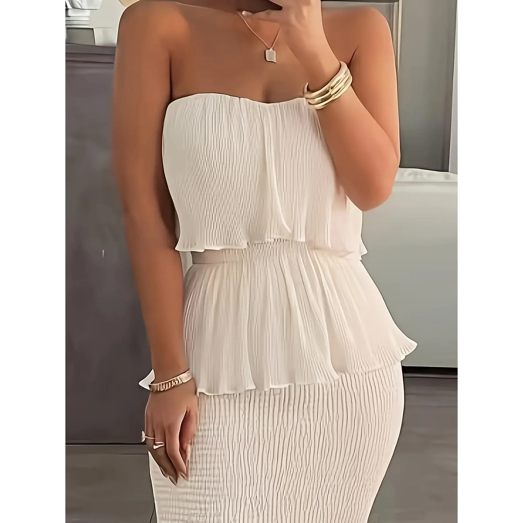 Women's Fashion Tube Top Pleated Ruffle Hem Multi-Layer Dress
