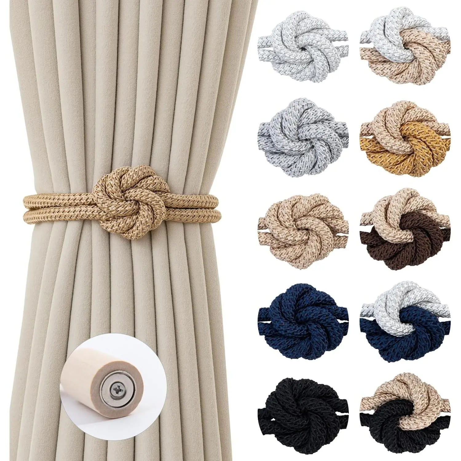 2-Pack Beige Magnetic Curtain Tiebacks with 13.39" Long Wood Rope, Floral Knot Design Magnetic Hold Set Packs, No-Drill Easy-Install Modern Boho Home Bathroom Decor Holdbacks