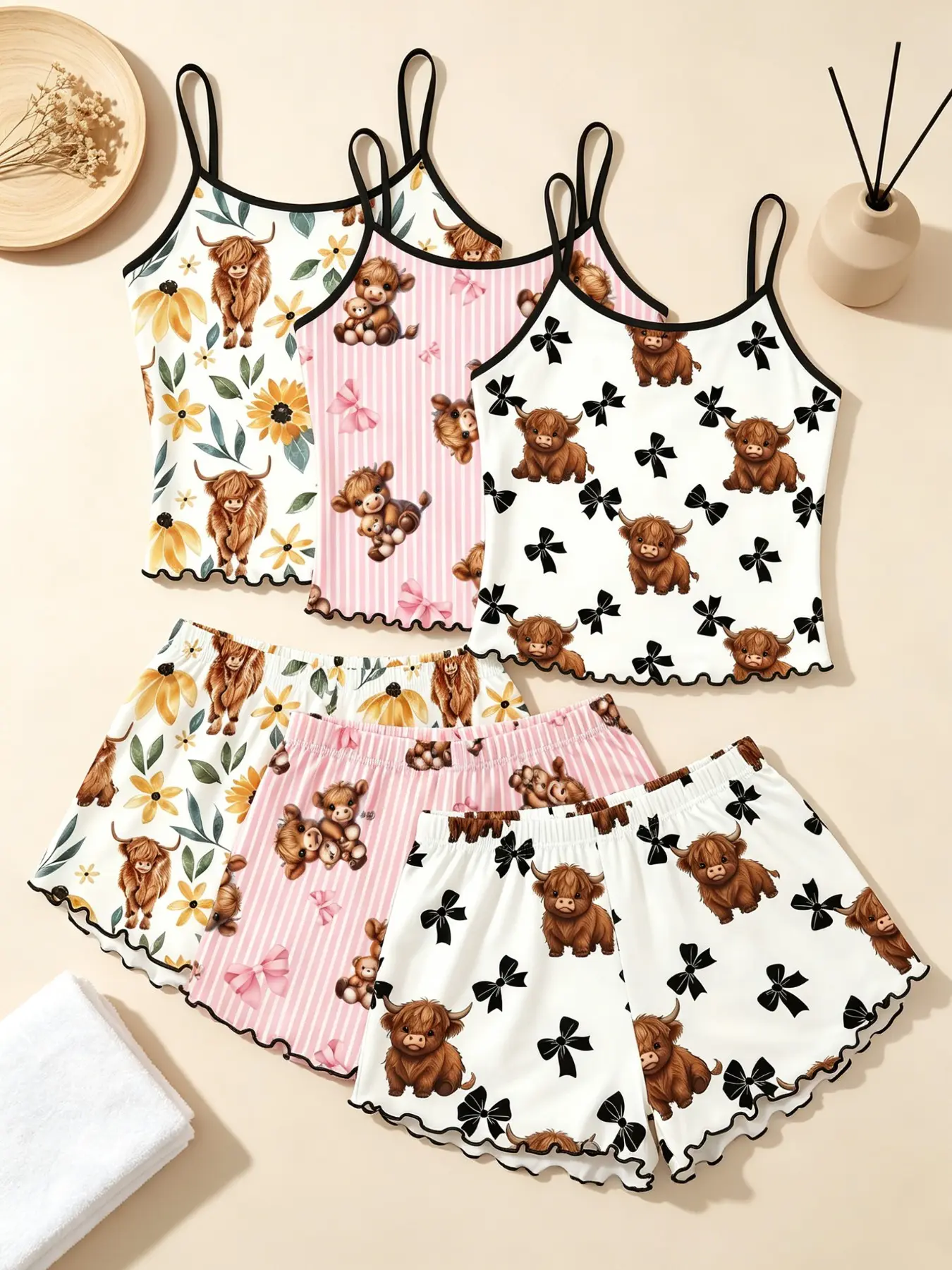Women's Sleepwear 6 Piece Matching Bundle Farmhouse Western Aesthetic Highland Cow Print Summer Soft Country Cute Style Spaghetti Strap Lettuce Ruffle Hem Contrast Trim Silky Breathable Lightweight Cami Short Pant Set Home Sleepover Lounge Wear