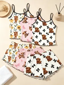 Women's Sleepwear 6 Piece Matching Bundle Farmhouse Western Aesthetic Highland Cow Print Summer Soft Country Cute Style Spaghetti Strap Lettuce Ruffle Hem Contrast Trim Silky Breathable Lightweight Cami Short Pant Set Home Sleepover Lounge Wear Floral