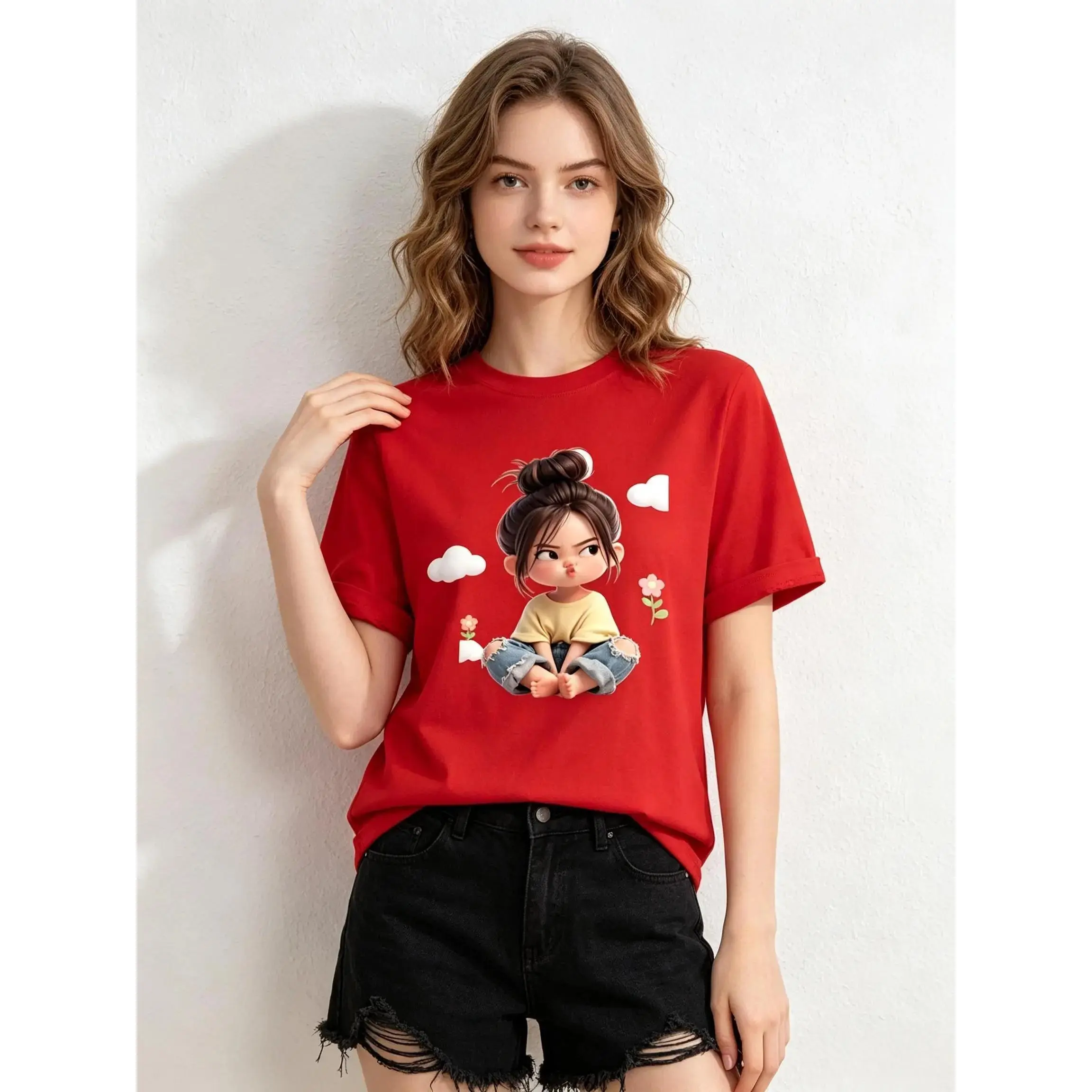 Women's Premium Cotton Cartoon Girl & Clouds Graphic T-Shirt - Short Sleeves, Crew Neck, Fitted, Elastic, Comfortable, Blush Pink Aesthetic, Casual Girly Tops, Valentine's Day Colorful Style All Seasons Beach Tee Sohochic, Valentines Day, Cartoon Style