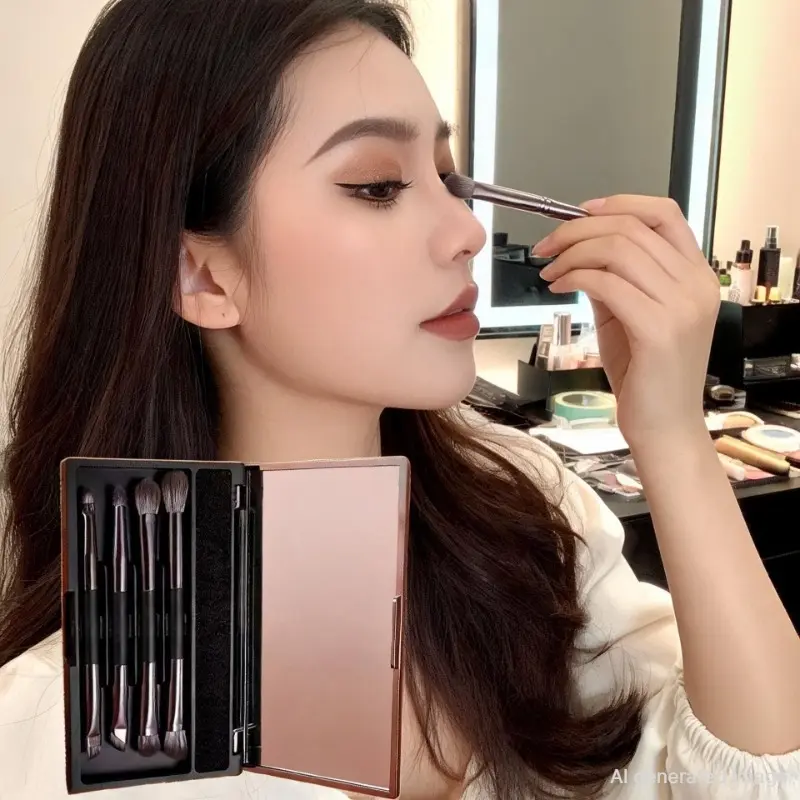4 Mini Travel Makeup Brush  Mirror Case, Soft Synthetic Cosmetic Brushes for Foundation, Blush, Eyeshadow & Concealer, Portable Makeup Tool Kit for Travel & Daily Touch-Ups, Face Makeup Brushes