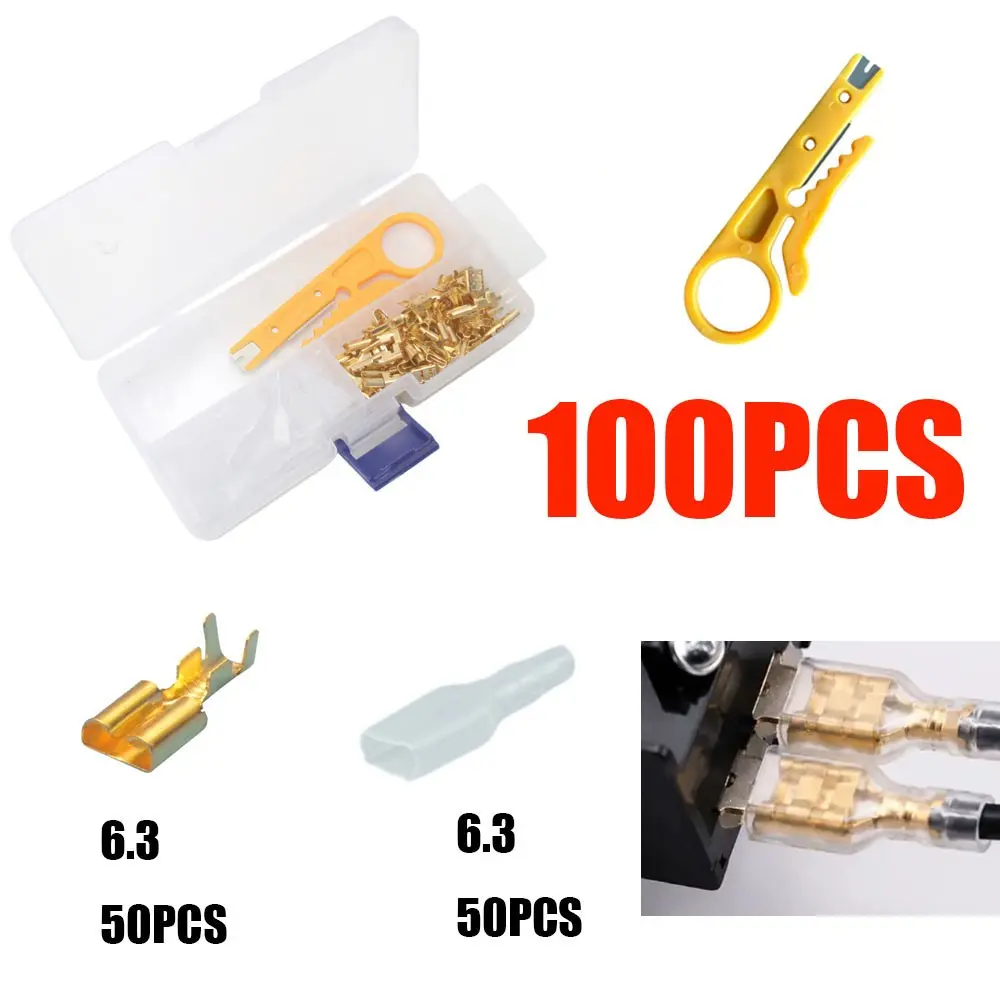 100pcs Boxed Female Crimp Connectors Set, Transparent Insulation Sleeves, 6.3mm, 0.75-1.5mm², Includes Stripping Tool, for Audio & Car Repair
